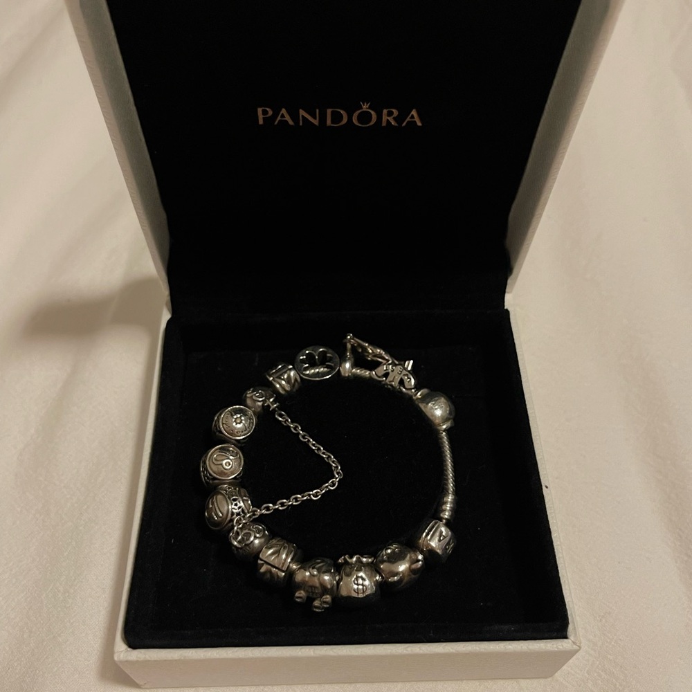 Pandora Sterling Silver 925 Bracelet with 12 Charms & 1 Safety Chain